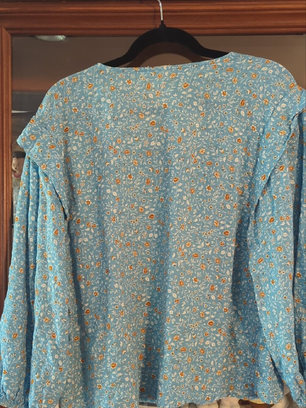 Anna Light Blue Floral V-Neck Blouse with Mustard Accents - Picture 7 of 7